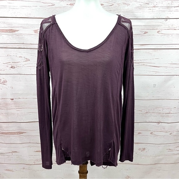 Free People The Gatsby Embroidered Mesh Wine Long Sleeve V-Neck Tee Tunic Top - Picture 3 of 14